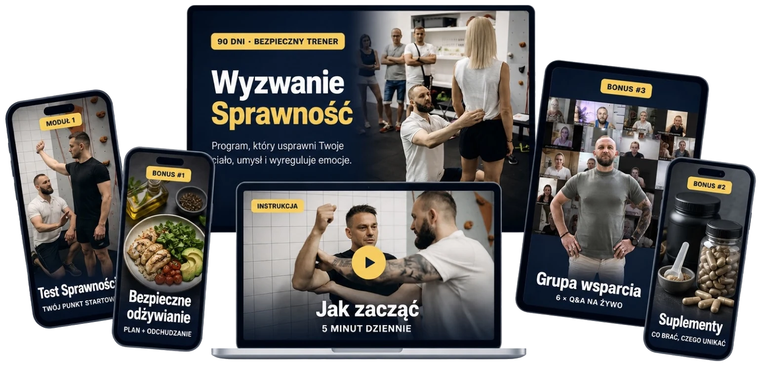 Wyzwanie Sprawność - spotkania na żywo, instrukcje, grupa wsparcia i bonusy na laptopie, tablecie i telefonach